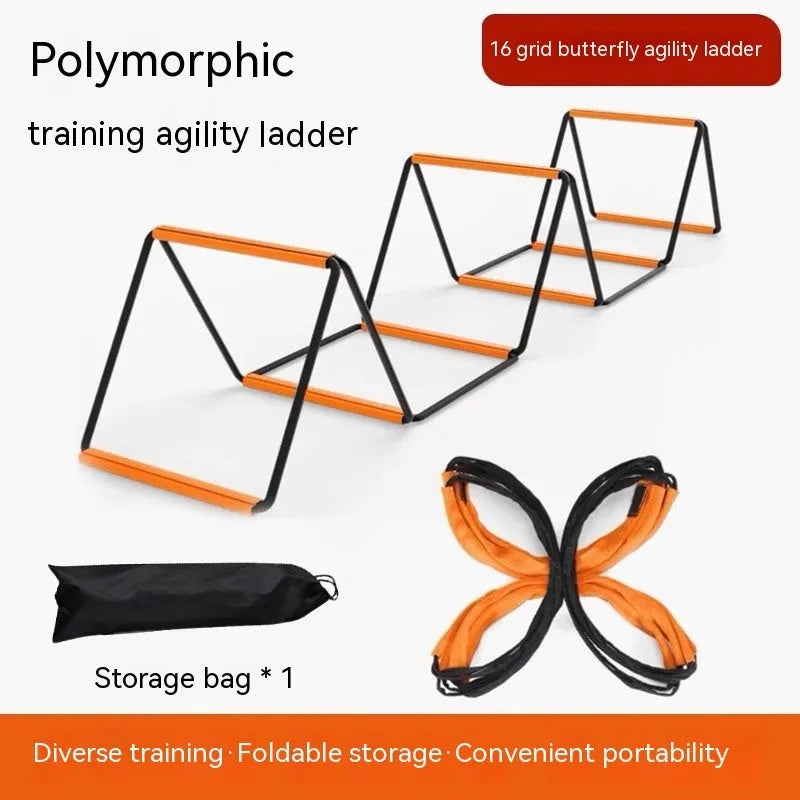 Plastic butterfly agility ladder and jump grid set for youth athletic training on a flat surface.