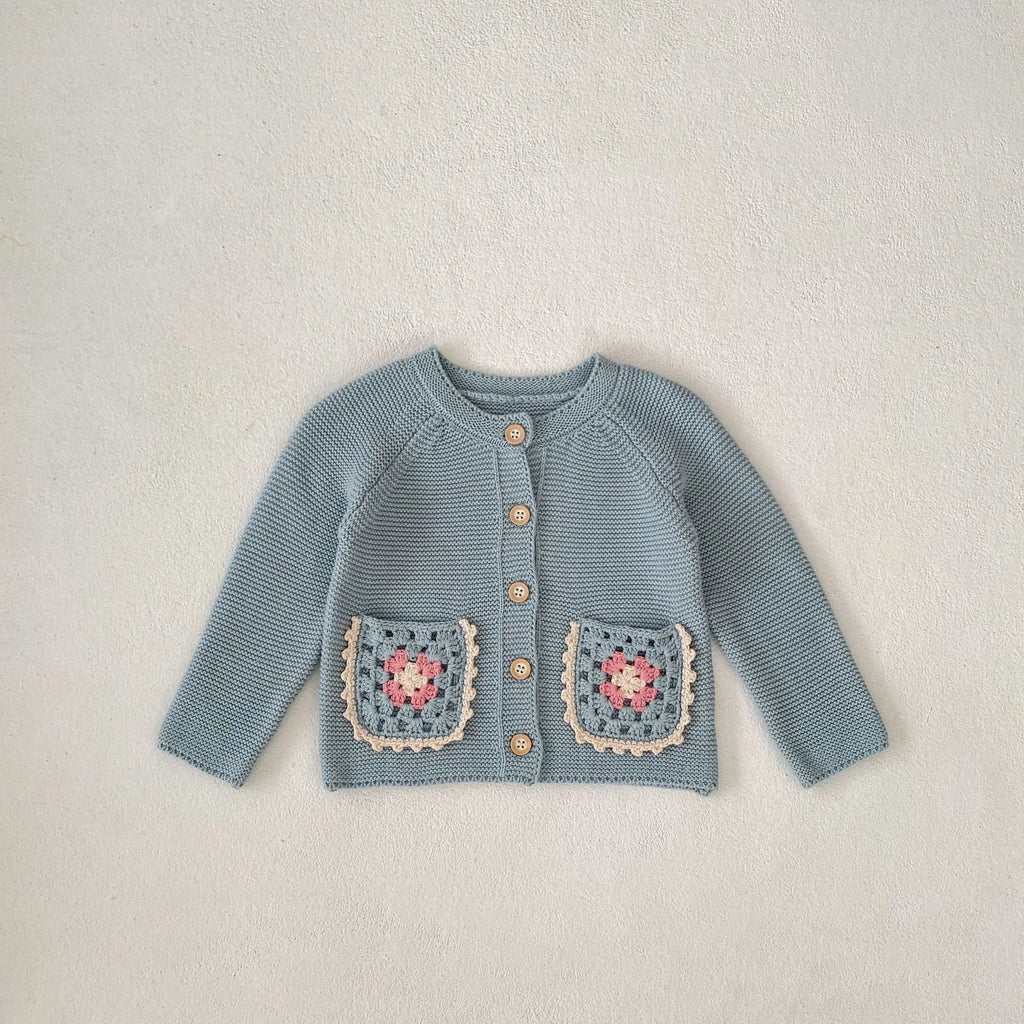 Children's Round Collar Sweater Cardigan Hand Crochet Hollow Flower Pocket Coat Smokey Blue Cotton Long Sleeve Cardigan for Girls Spring Autumn Single-Breasted Suitable Height 66-100cm Non-Hooded Trendy All-Matching Design
