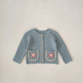 Children's Round Collar Sweater Cardigan Hand Crochet Hollow Flower Pocket Coat Smokey Blue Cotton Long Sleeve Cardigan for Girls Spring Autumn Single-Breasted Suitable Height 66-100cm Non-Hooded Trendy All-Matching Design