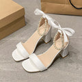 White women's sandals with pearl bow buckle, chunky heel 6-8cm, open square toe, rubber sole