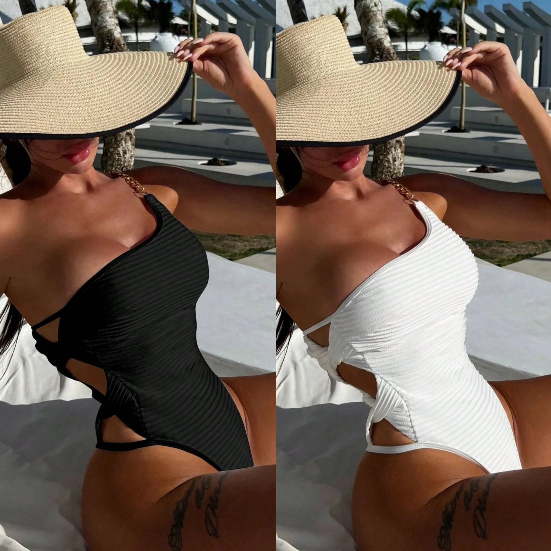 Women's solid colour one-piece swimsuit on a hanger, available in beige and black.
