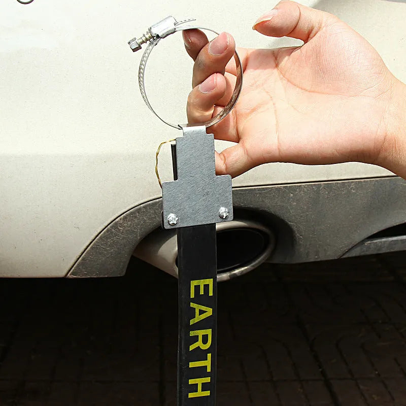 Black car electrostatic grounding belt with metal chain end, measuring 370mm long, for discharging static electricity.