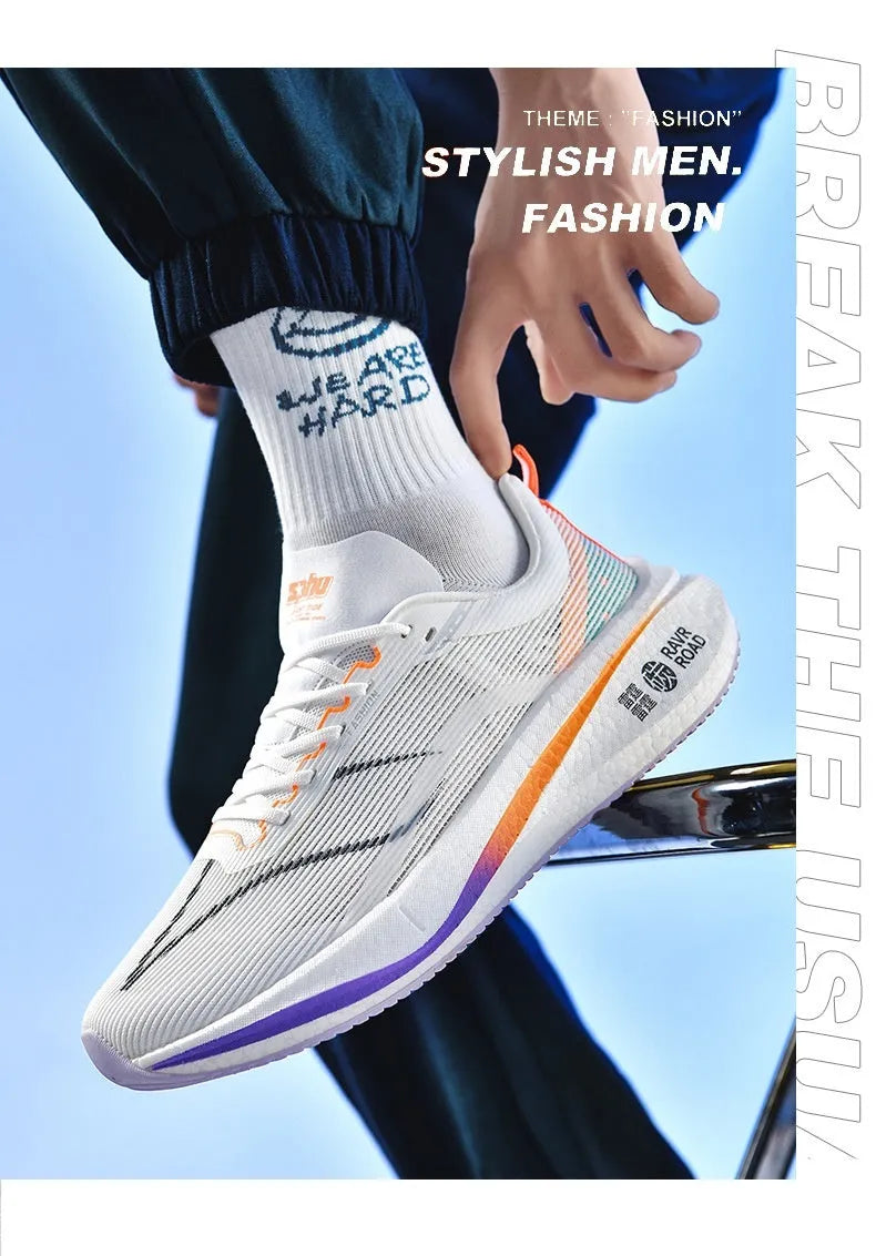 Pair of unisex shockproof breathable running shoes with rubber sole and striped pattern