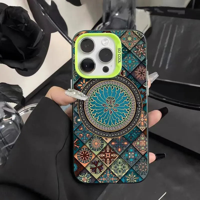 Ethnic pattern hard PC phone case for iPhone with matte anti-slip finish in silver colour