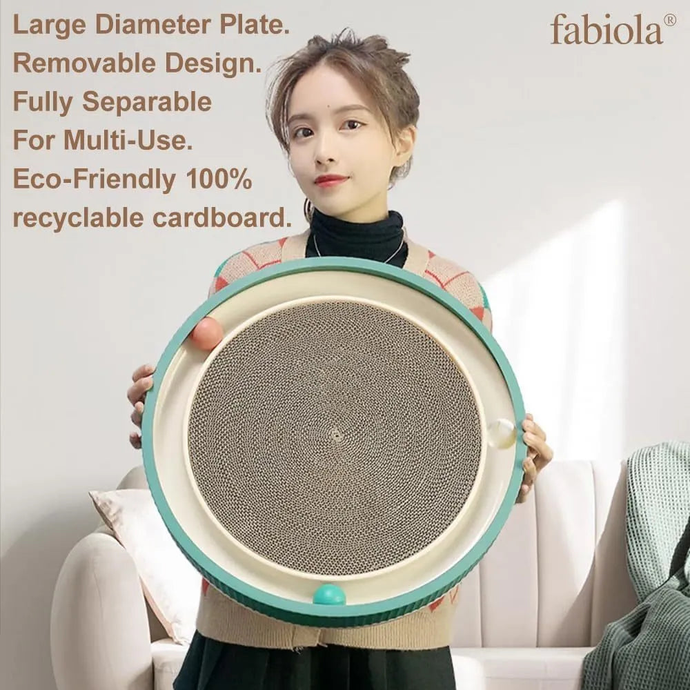 Large green circular cat scratching board with bell balls and replaceable cardboard core