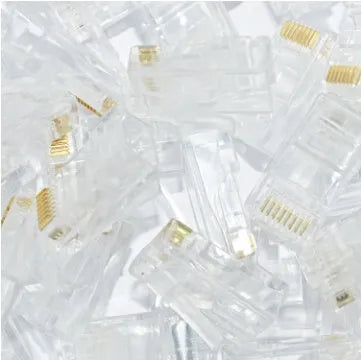 White RJ45 network modular plug with gold-plated contacts for Ethernet cable termination