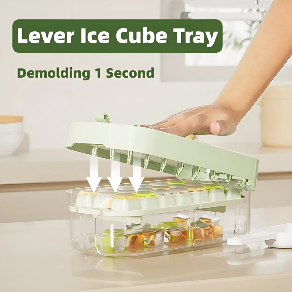 Colourful plastic ice cube tray with a lever and a built-in slot for an ice shovel.