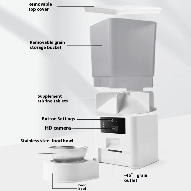 Stainless steel smart pet feeder with double bowl for food and water, showing control panel and 5L capacity.