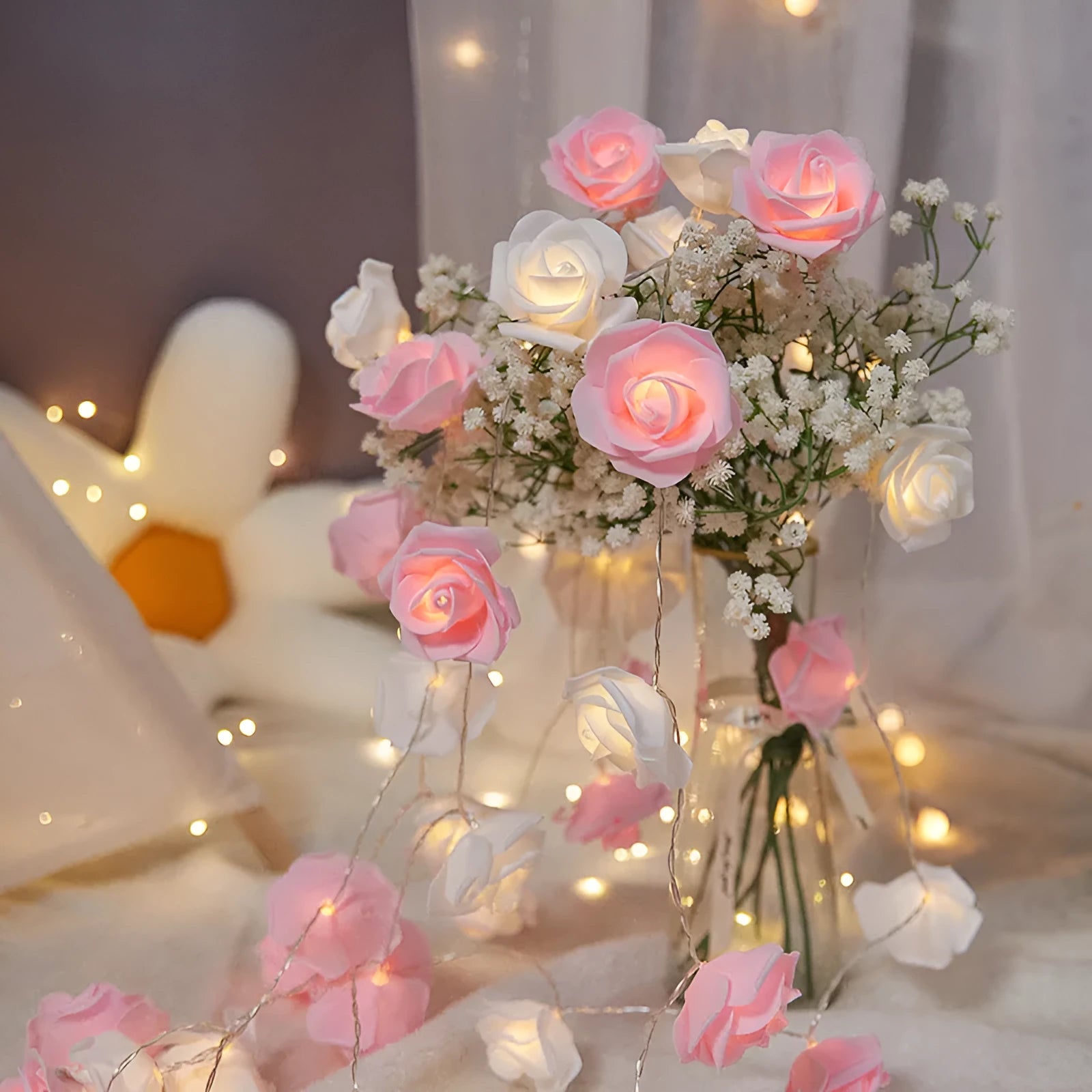 LED rose light string with battery pack and PV foam rose heads in multiple colour options