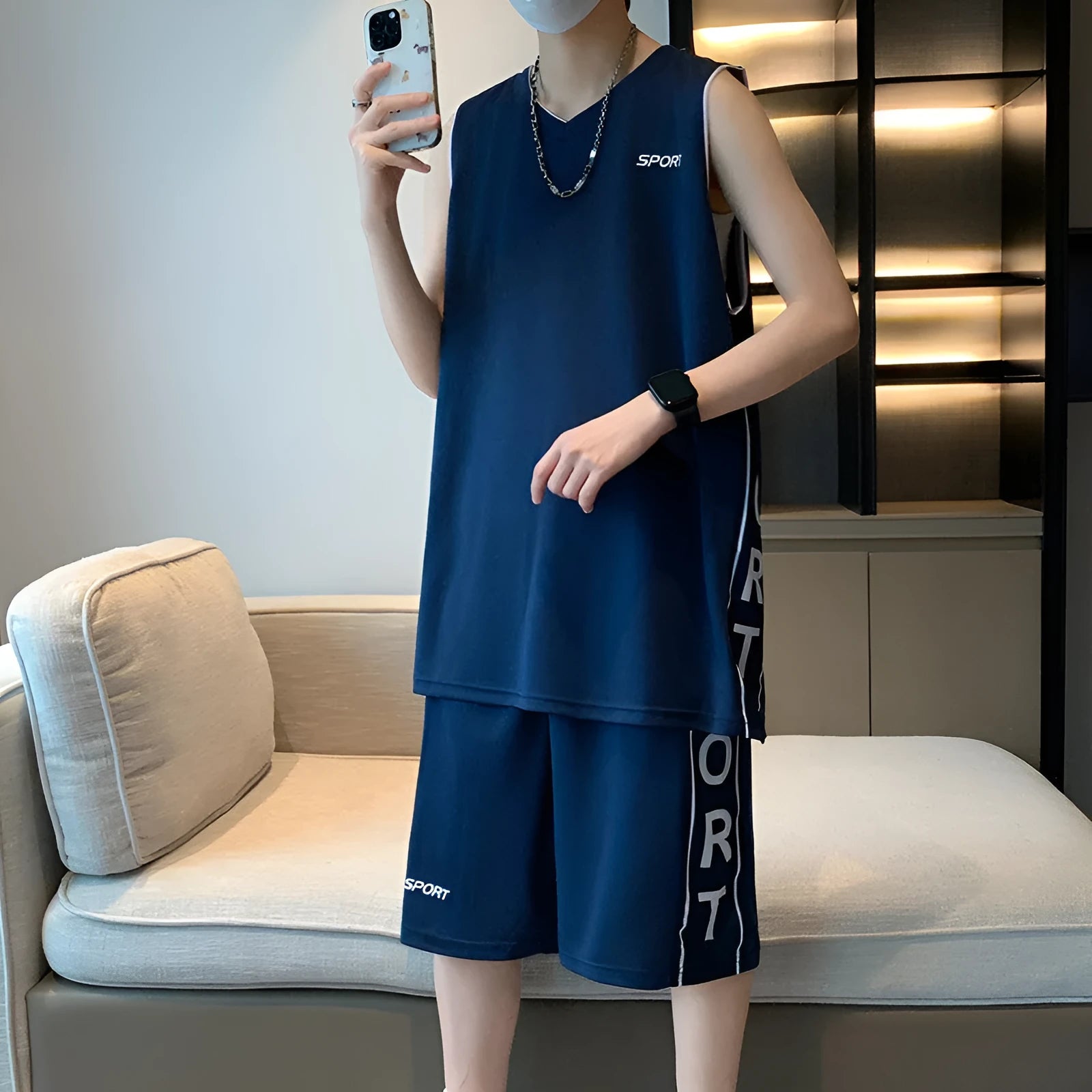 Men's thin polyester basketball sports suit with sleeveless vest and matching shorts
