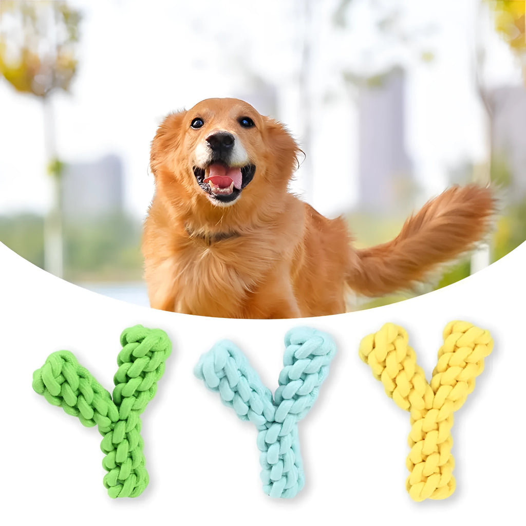Blue Y-shaped cotton rope dog chew toy for large dogs on a white background
