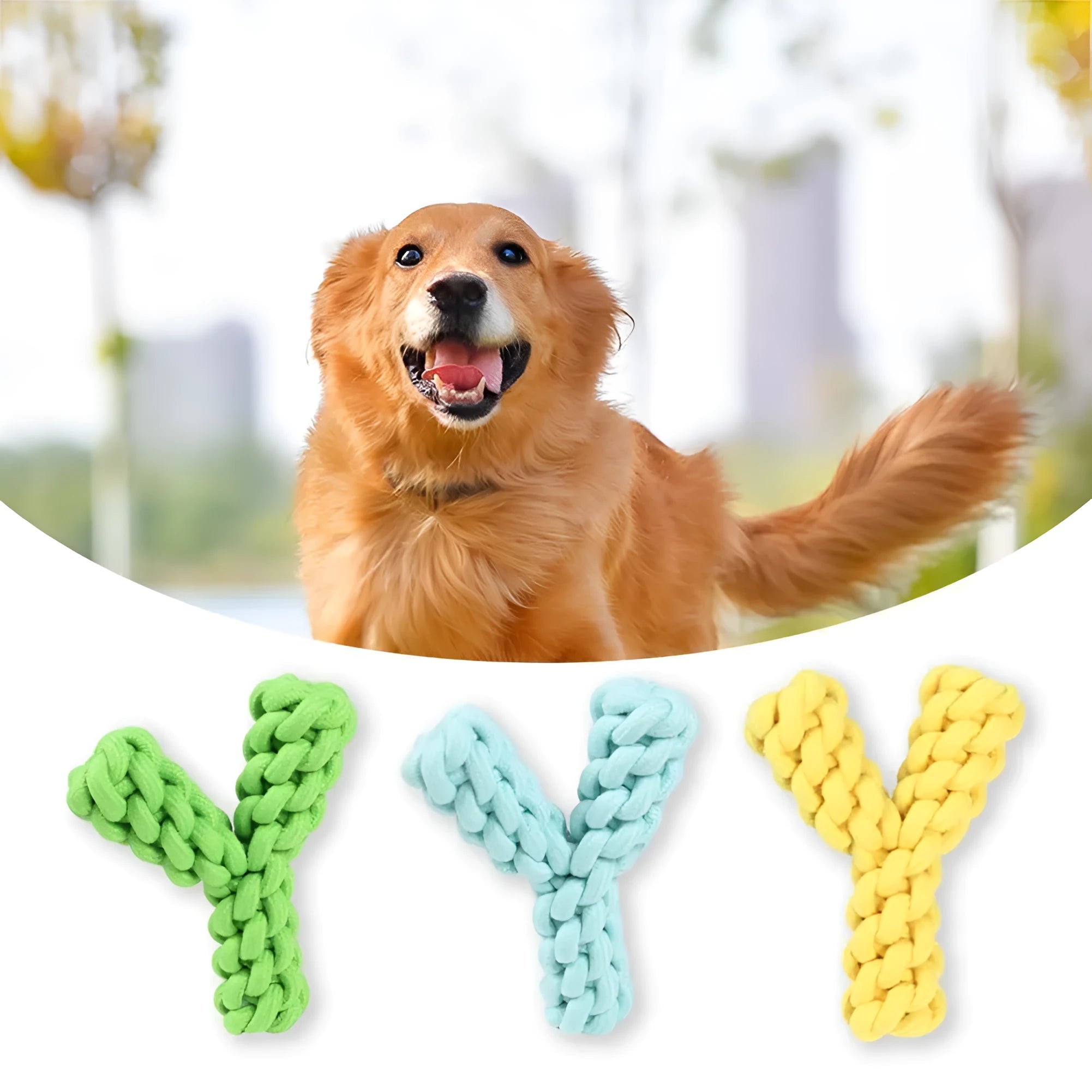 Blue Y-shaped cotton rope dog chew toy for large dogs on a white background