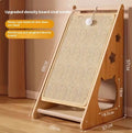 Vertical wall-mounted cat scratch board with sisal fabric and a hanging hemp rope teasing ball.