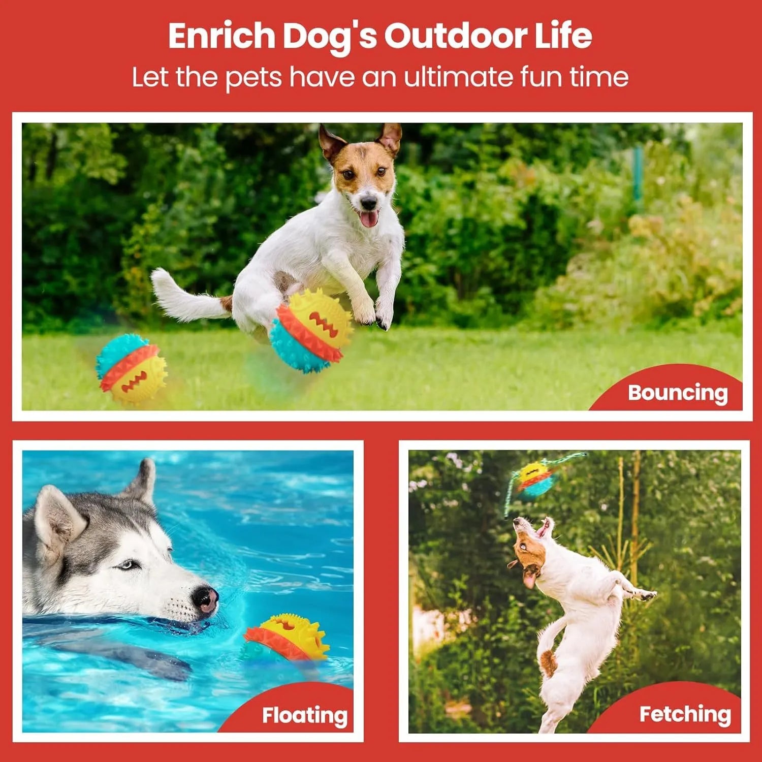 Blue and red ball-shaped dog chew toy with rope and treat dispenser hole on green grass