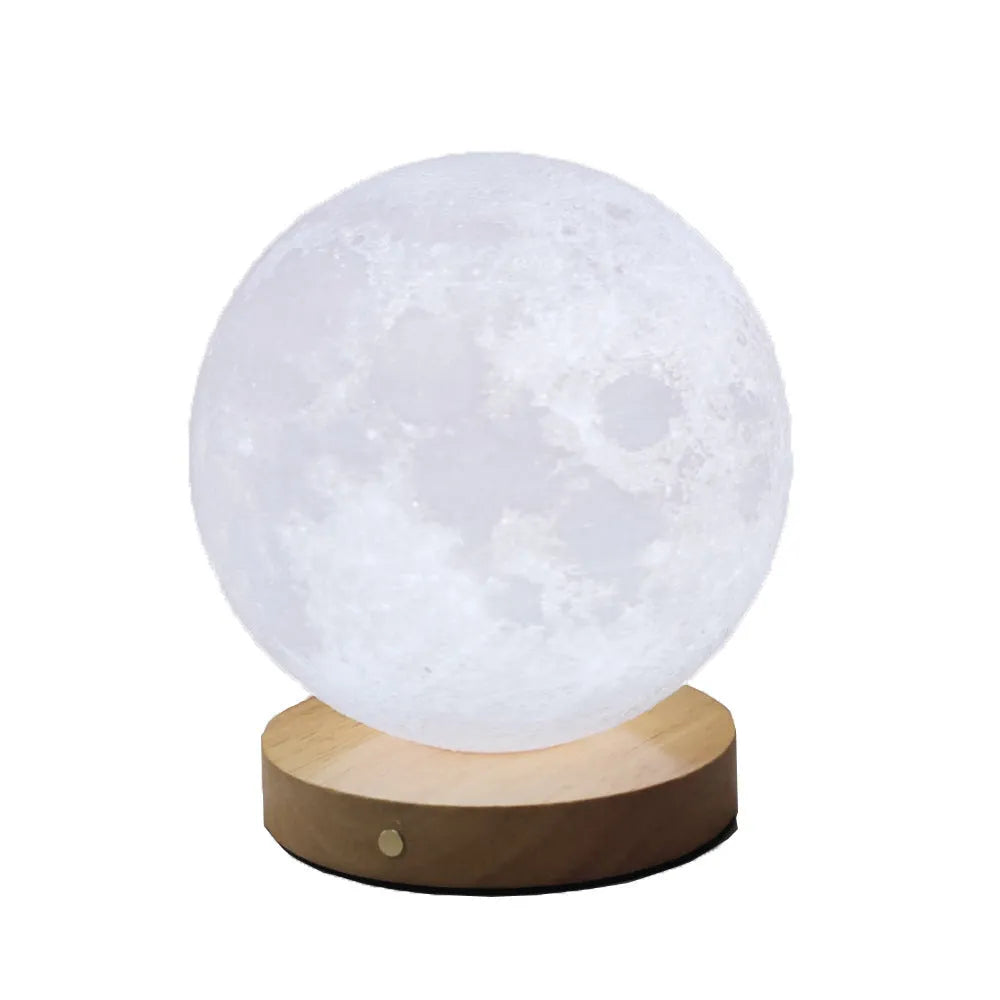 Rotating three-colour moon night lamp with wooden base in Nordic style, showing direct plug connection