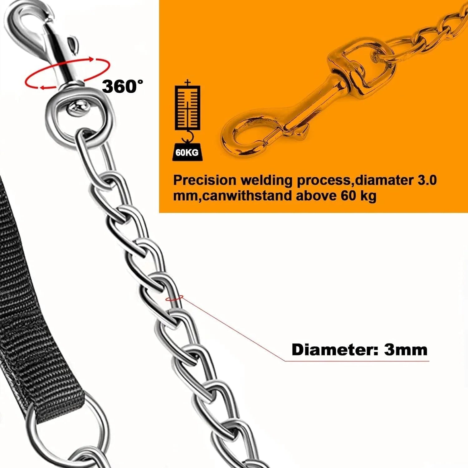 Heavy duty black metal dog chain leash with a soft blue padded handle.