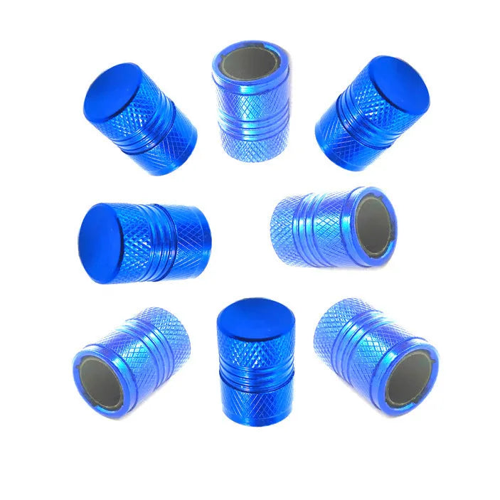 Aluminium car tyre valve dust cap in four colour options: black, blue, grey, and red.