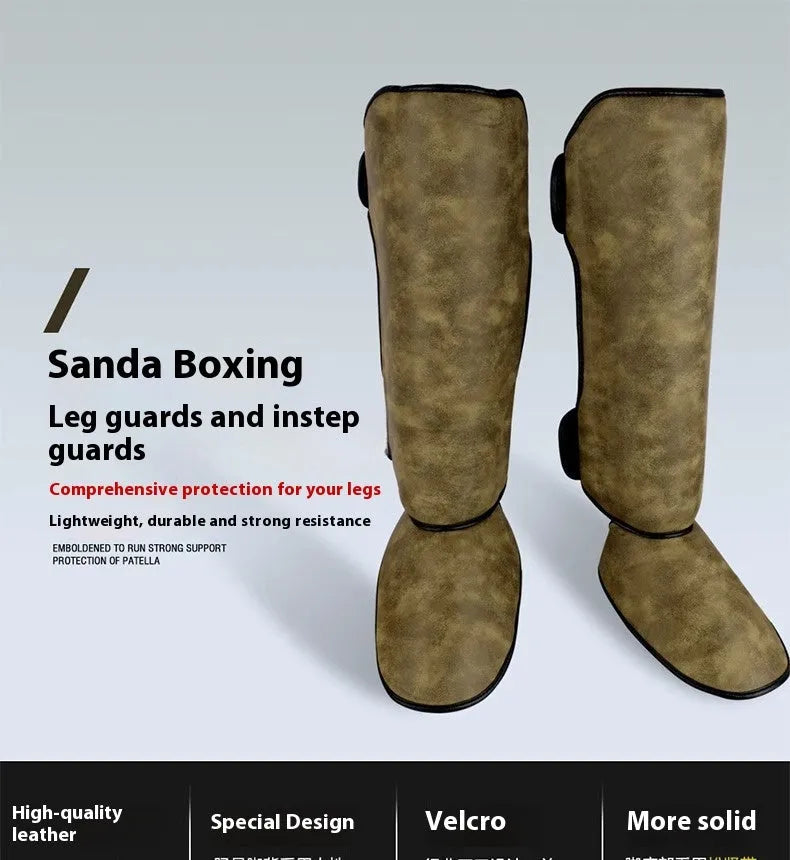 Thickened PU fighting boxing shin guard in brown vertical style for fitness training