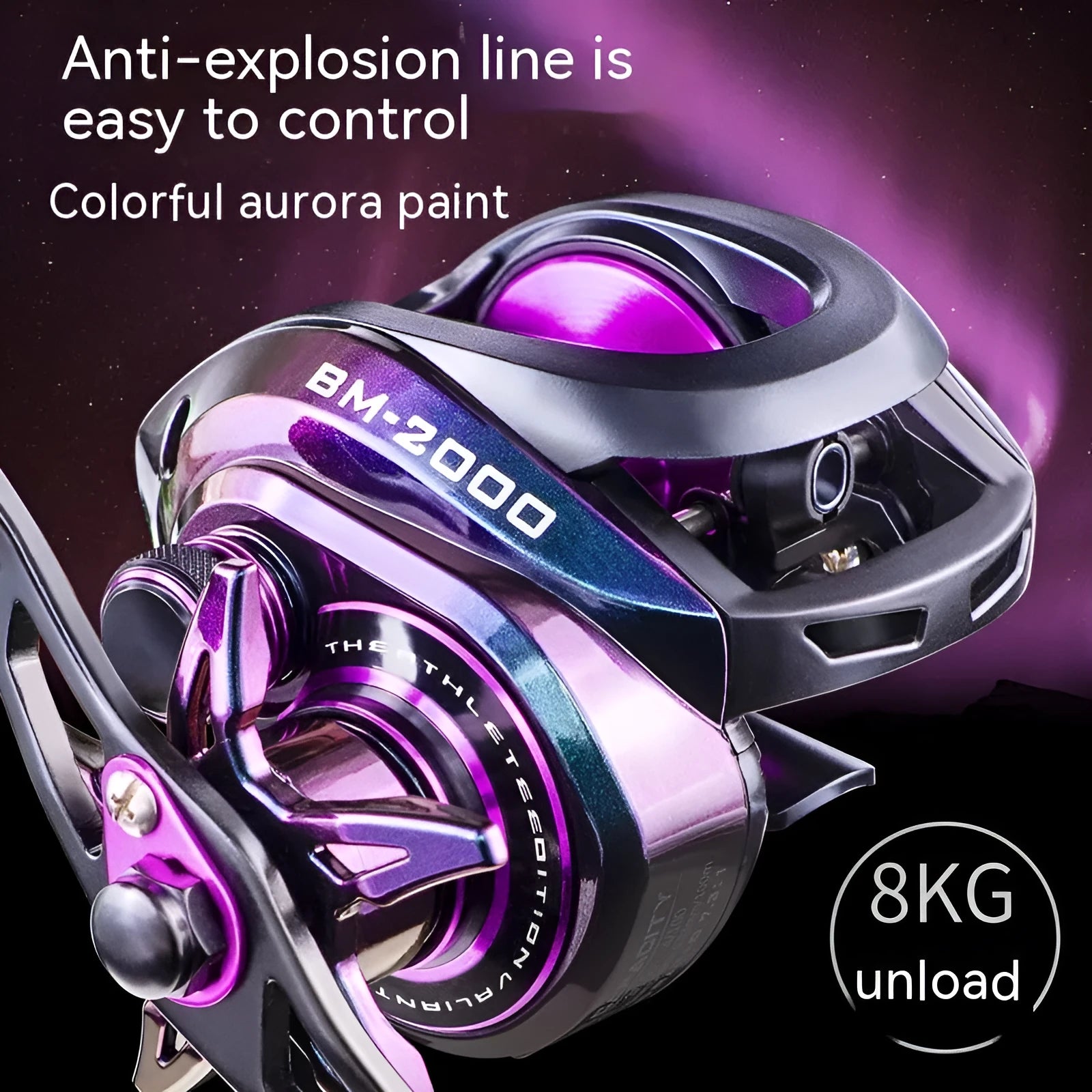Colourful BM2000 size fishing reel with water drop wheel and magnetic brake system.
