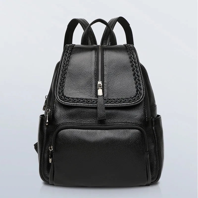 Women's genuine leather backpack in blue colour showing street trend style and internal organisation compartments