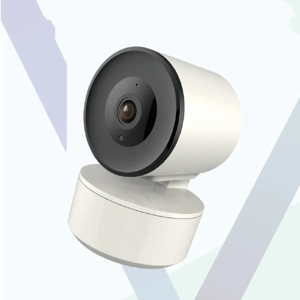 Indoor smart wifi security camera with 1080P HD, shown with power adapter.