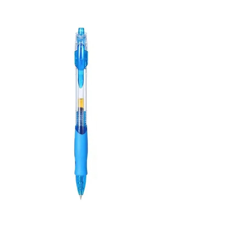 A neutral-coloured plastic gel pen with a 0.5mm tip, shown with black, blue, and red ink refills.