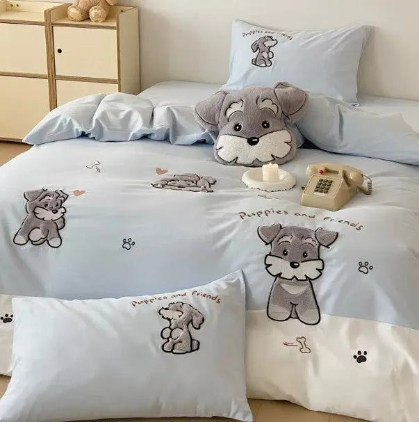 Cartoon Schnauzer dog pattern embroidered cotton bedding set with quilt cover, sheet, and pillowcases.
