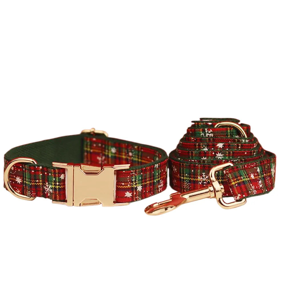 Green background snowflake pattern Christmas pet collar set with matching bow, leash and vest