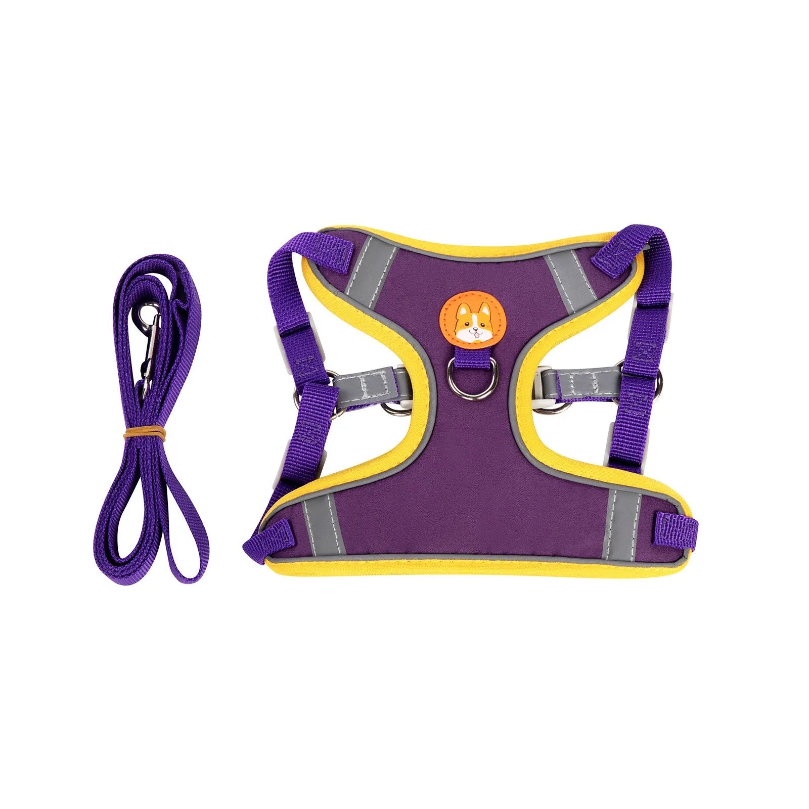 Adjustable dog harness vest with haulage rope in one of six colours: purple, blue, orange, red, brown, or green.