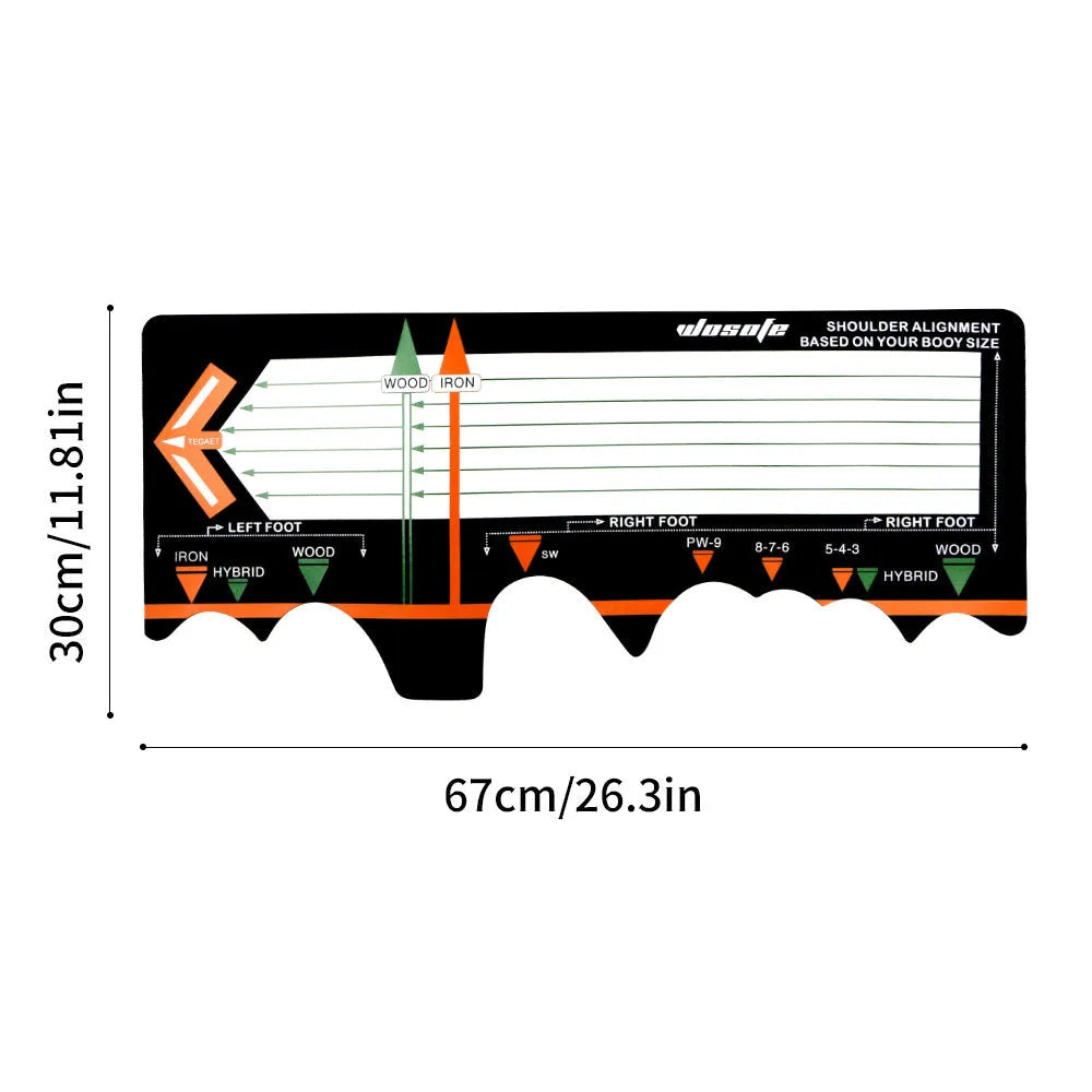 Black neoprene golf swing posture training mat for alignment and stance correction.