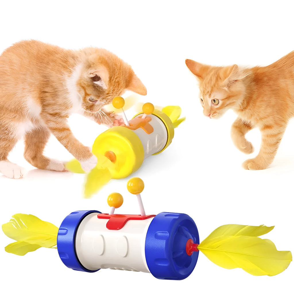 Interactive cat toy with feather ball on stick and separate balance tumbler in multiple colour options
