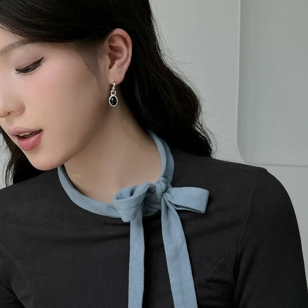 S925 sterling silver stud earrings with black agate in geometric ellipse shape silver colour