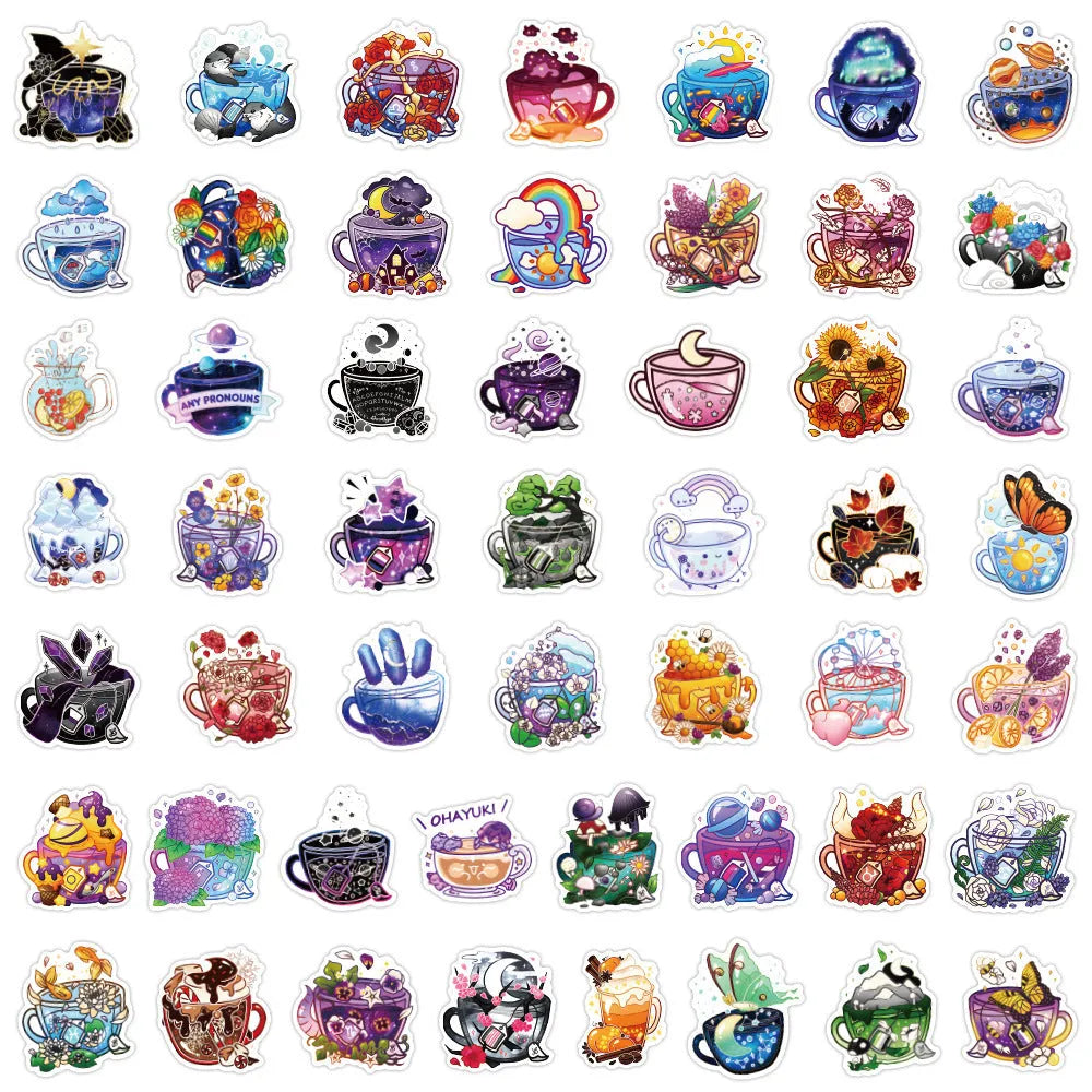 Colourful tea cup graffiti design waterproof stickers, 50-piece pack for luggage and scooter customisation.