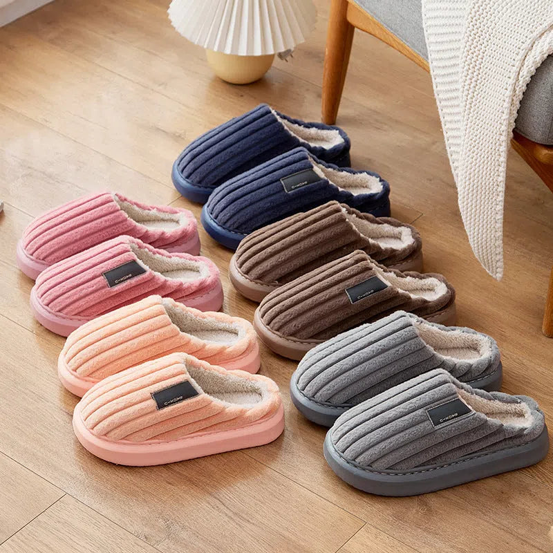 Warm plus-size men's slippers with plush upper, striped pattern, coffee brown colour