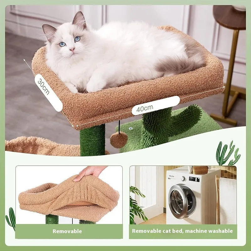 Cactus green wooden cat climbing frame with integrated shelf jumping platform measuring 43x33x87cm