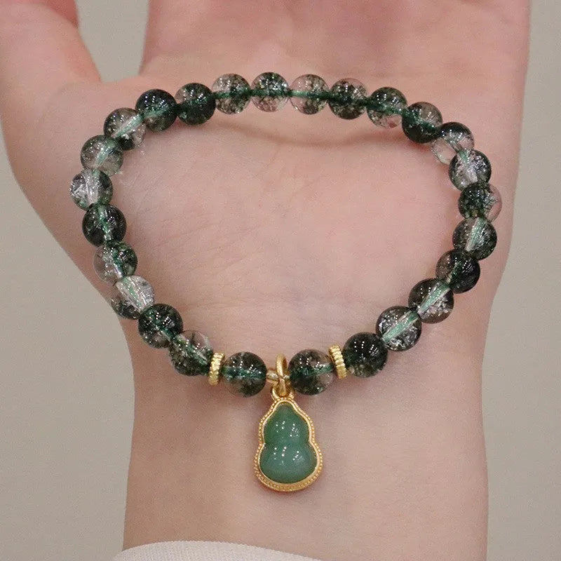 Women's citrine crystal bracelet with green ghost calabash heart pendant and pearl accents