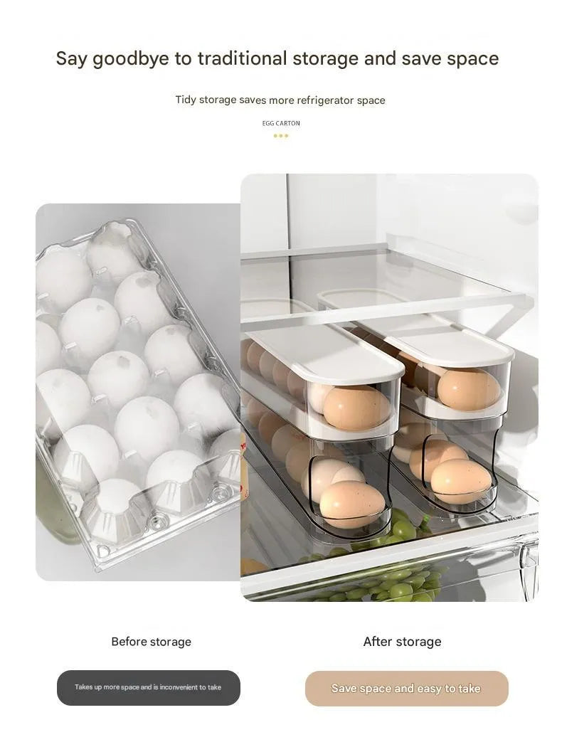 White plastic refrigerator slide-out egg tray with automatic dispenser mounted on refrigerator door