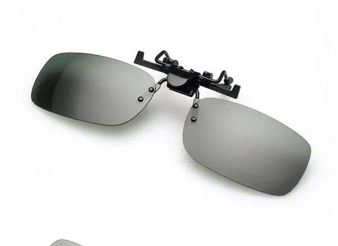 Clip-on sunglasses with polarised PC lenses attached to prescription glasses for driving