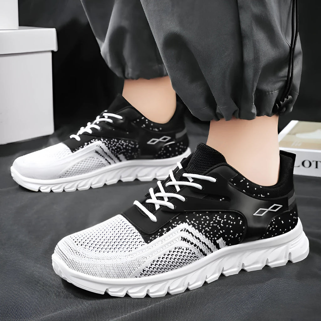 Men's soft bottom breathable striped sneakers with polyester fibre upper in white colour, flat heel and round toe