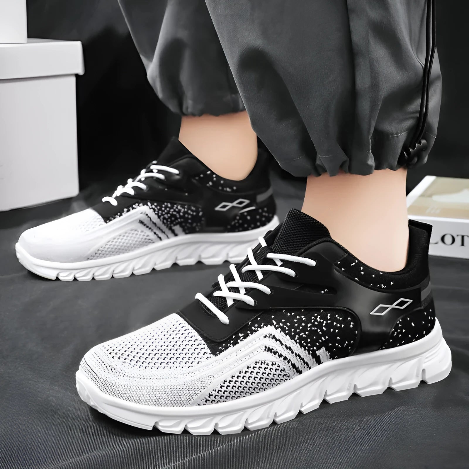 Men's soft bottom breathable striped sneakers with polyester fibre upper in white colour, flat heel and round toe
