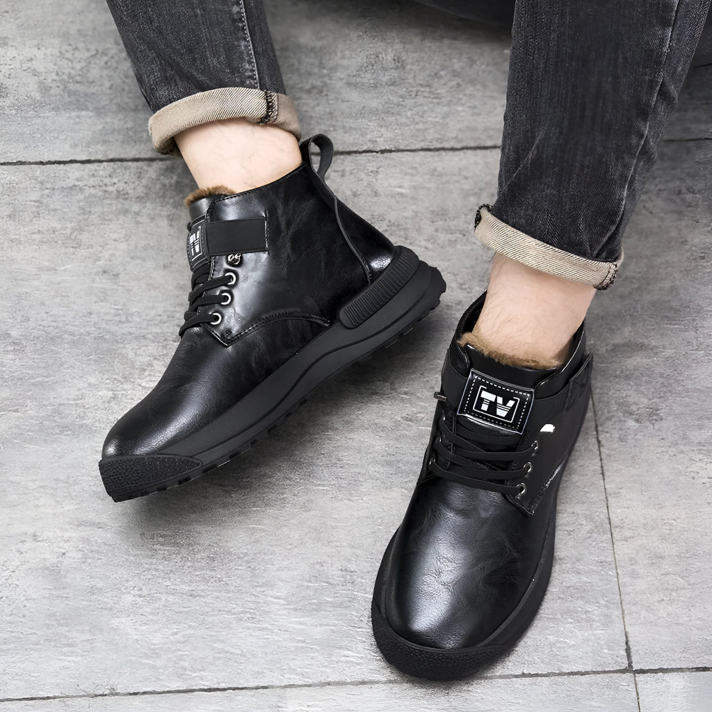 Men's high-top platform Martin Boots with velvet-textured upper and rubber sole in black colour