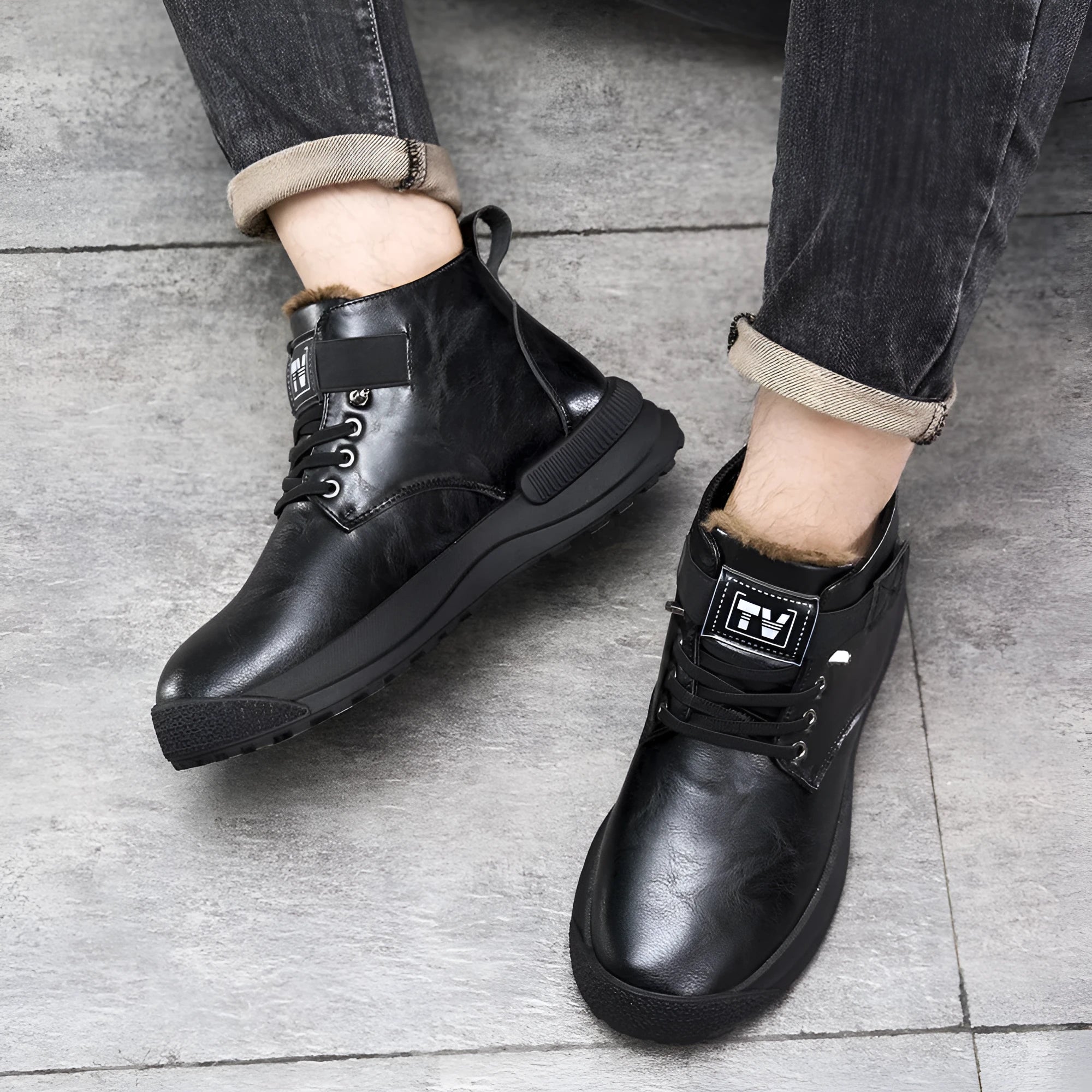 Men's high-top platform Martin Boots with velvet-textured upper and rubber sole in black colour
