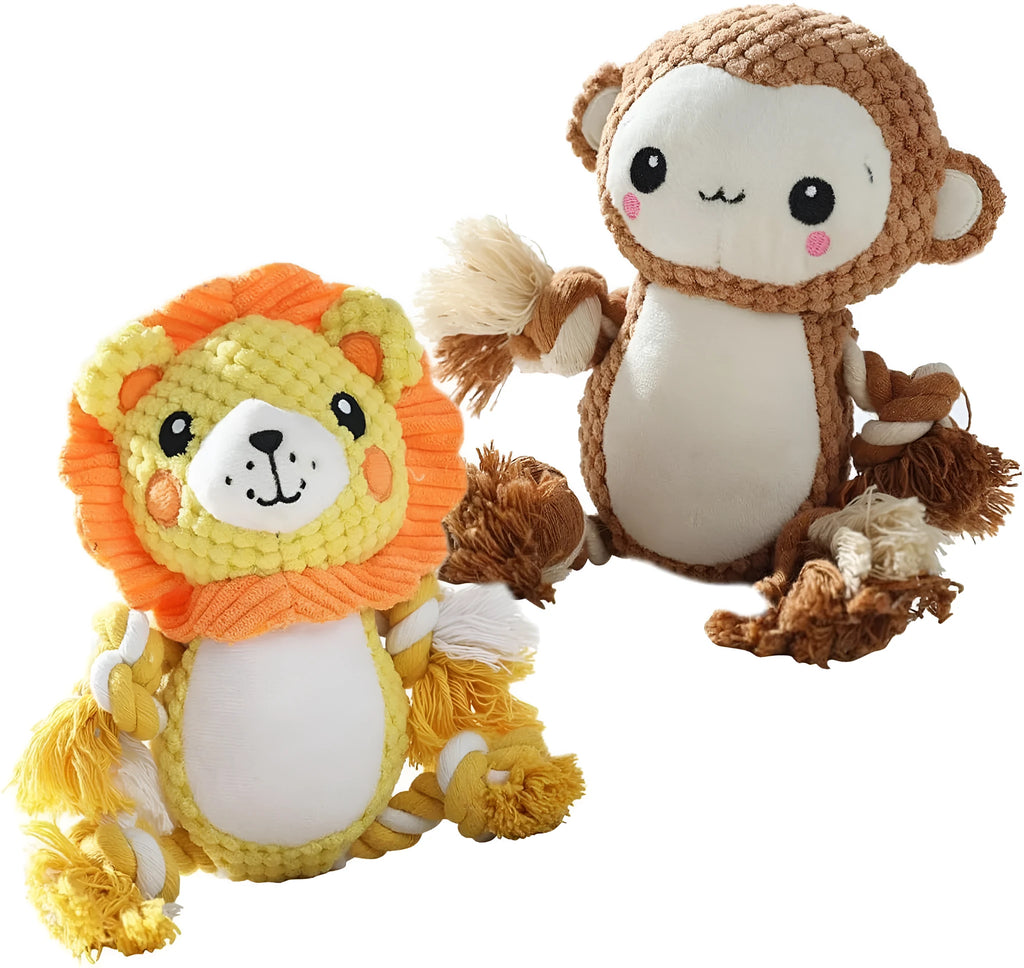 Lion and monkey plush squeaky dog toys bundle for medium large dogs