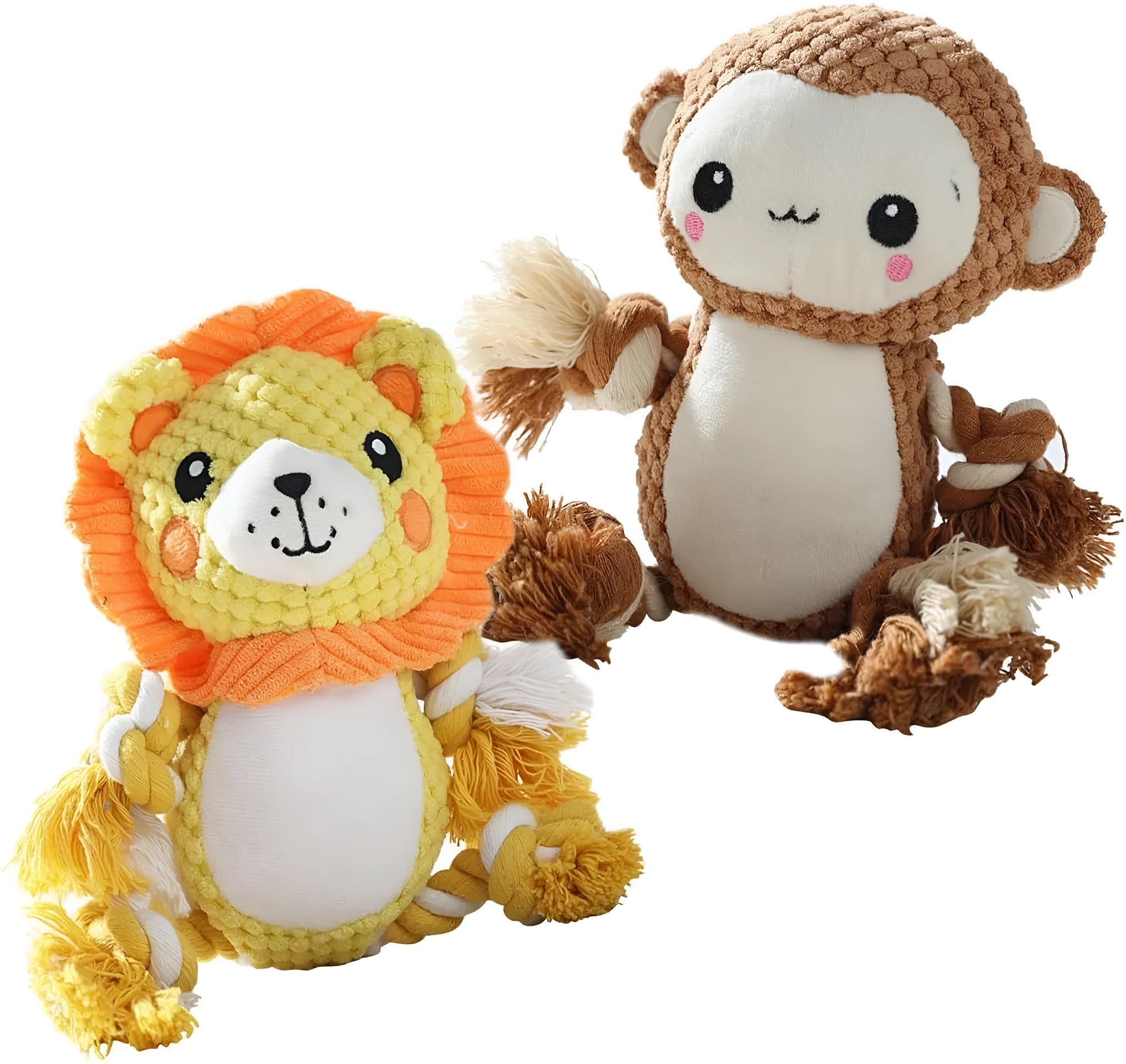 Lion and monkey plush squeaky dog toys bundle for medium large dogs