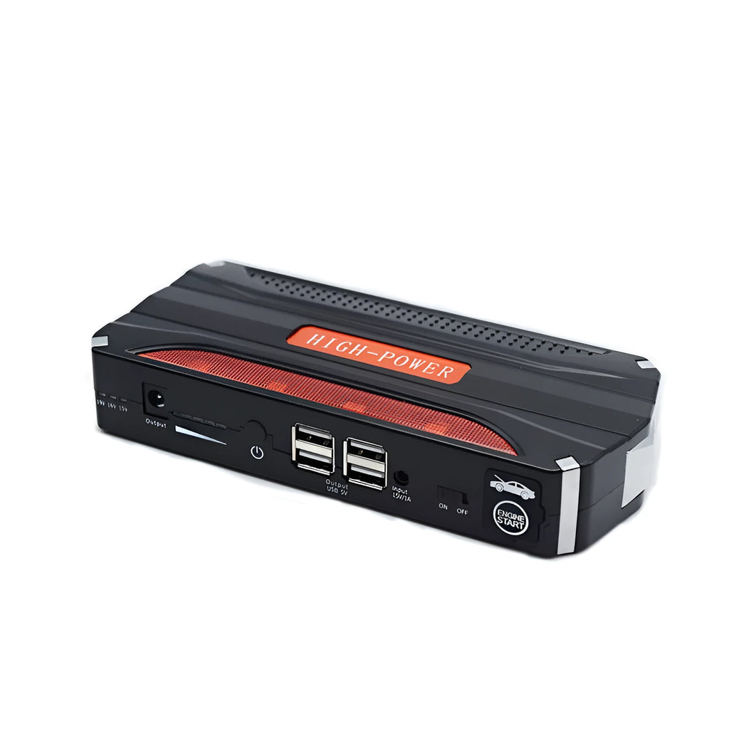 Black and red 12V vehicle emergency jump starter power supply unit with display