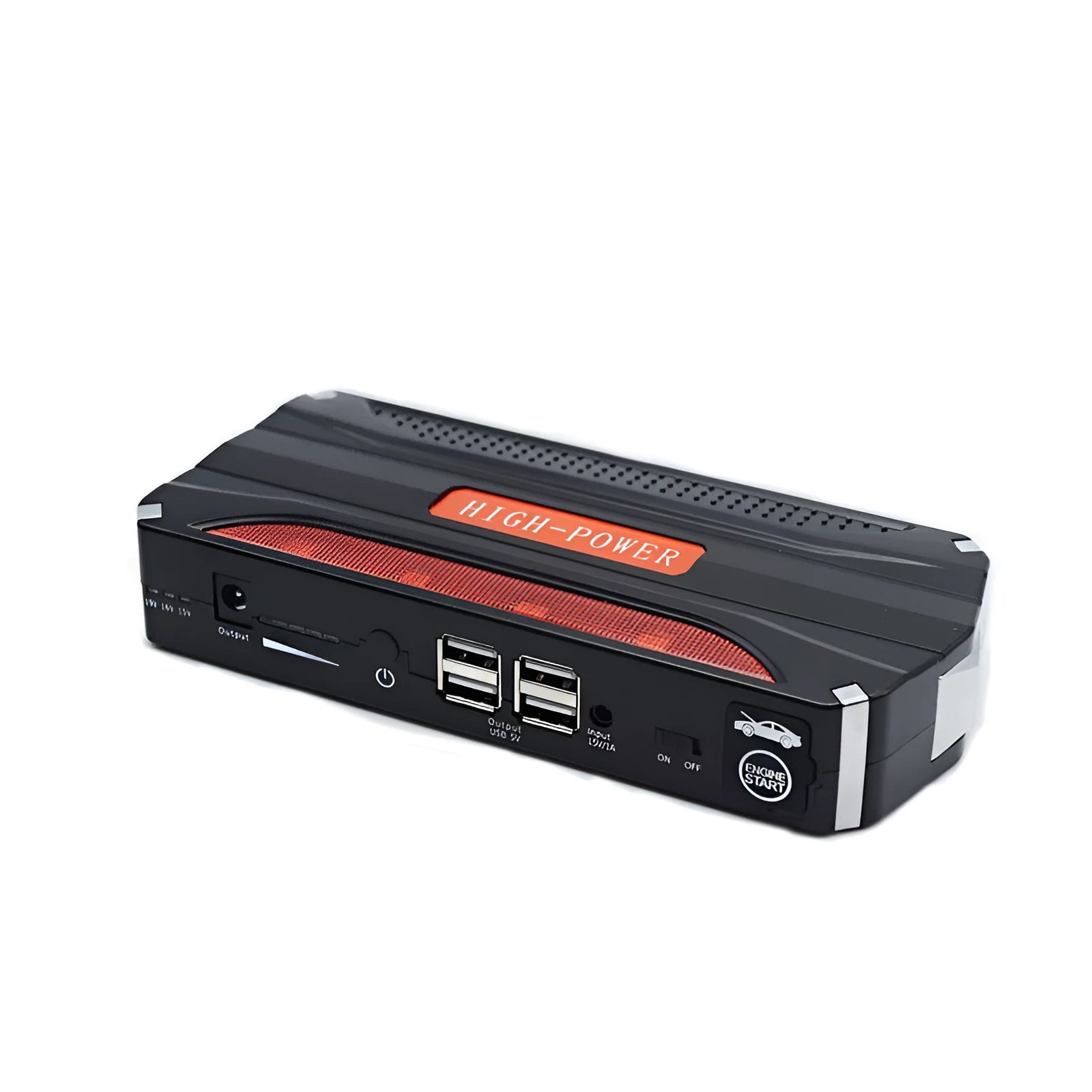Black and red 12V vehicle emergency jump starter power supply unit with display