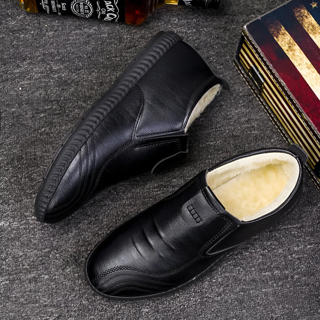 Men's winter warm casual leather shoes, high-top cotton style 1106, solid colour, front lace-up, flat heel