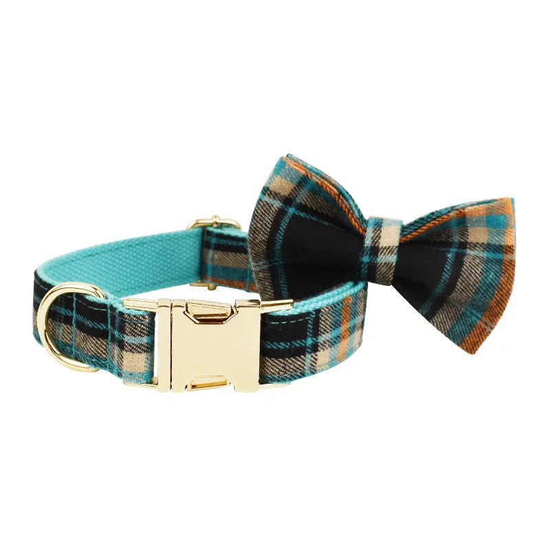 Green retro style cloth dog collar, leash, bow, and vest set displayed as a four-piece package.
