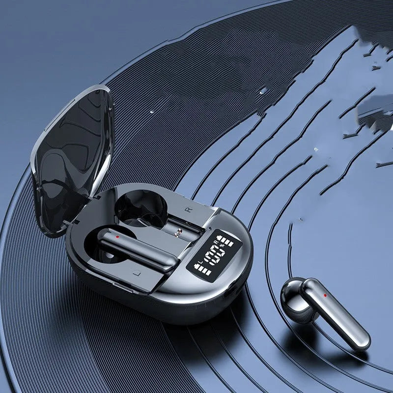 Black and white wireless Bluetooth earphones with charging case showing digital display