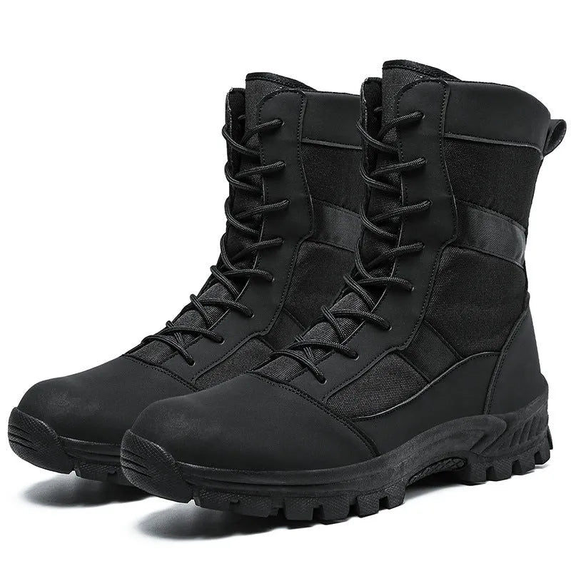 Plus size men's high-top mesh Martin combat boots in black or camouflage with totem pattern